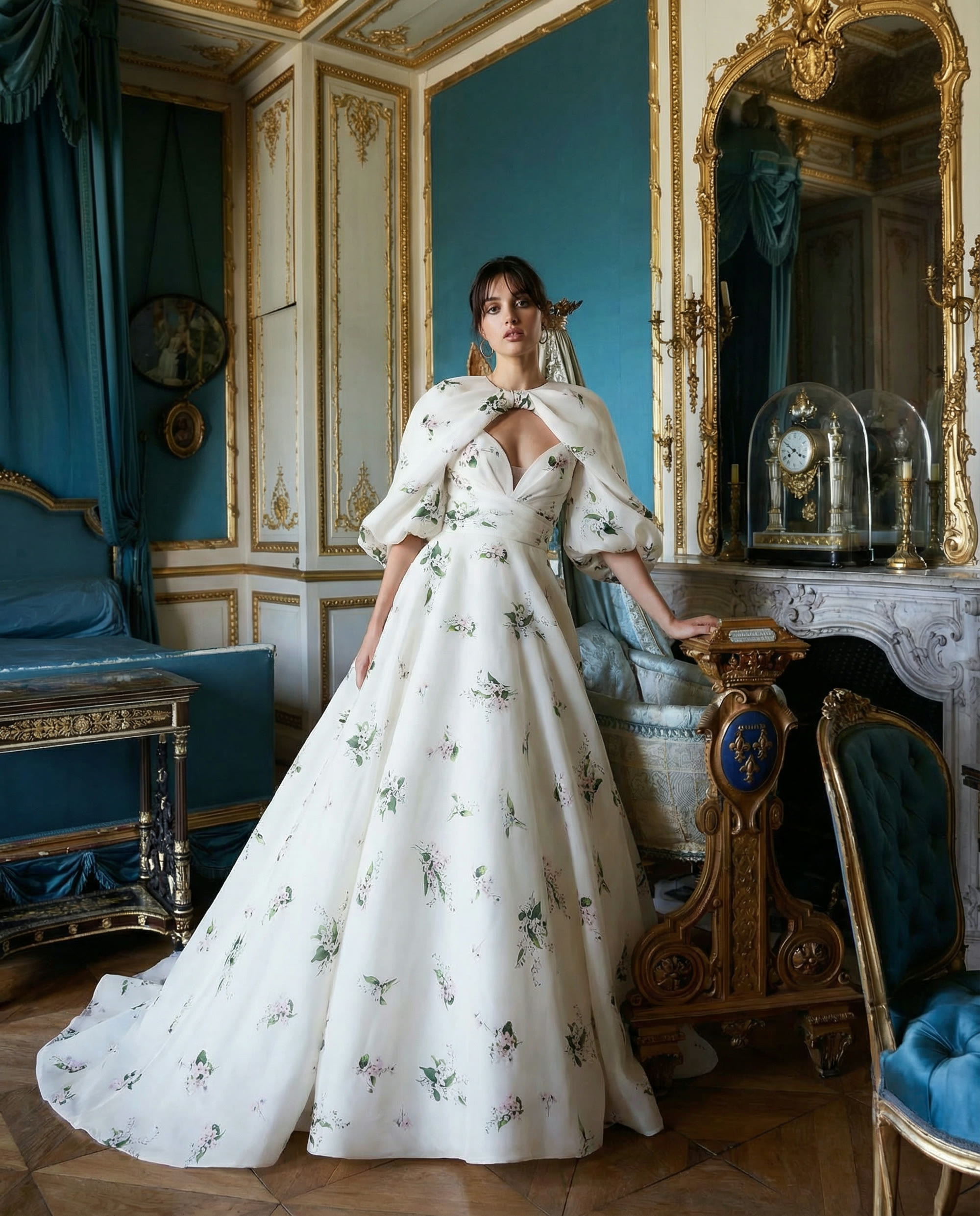 Wide shot — the bride small against tall blue walls and mirrors